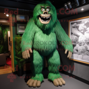 Green Sasquatch mascot costume character dressed with a Culottes and Suspenders