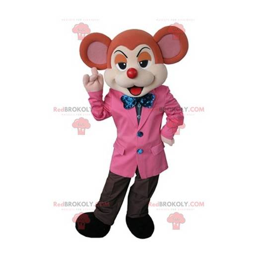 Mascote rato laranja e bege vestido com um traje elegante -