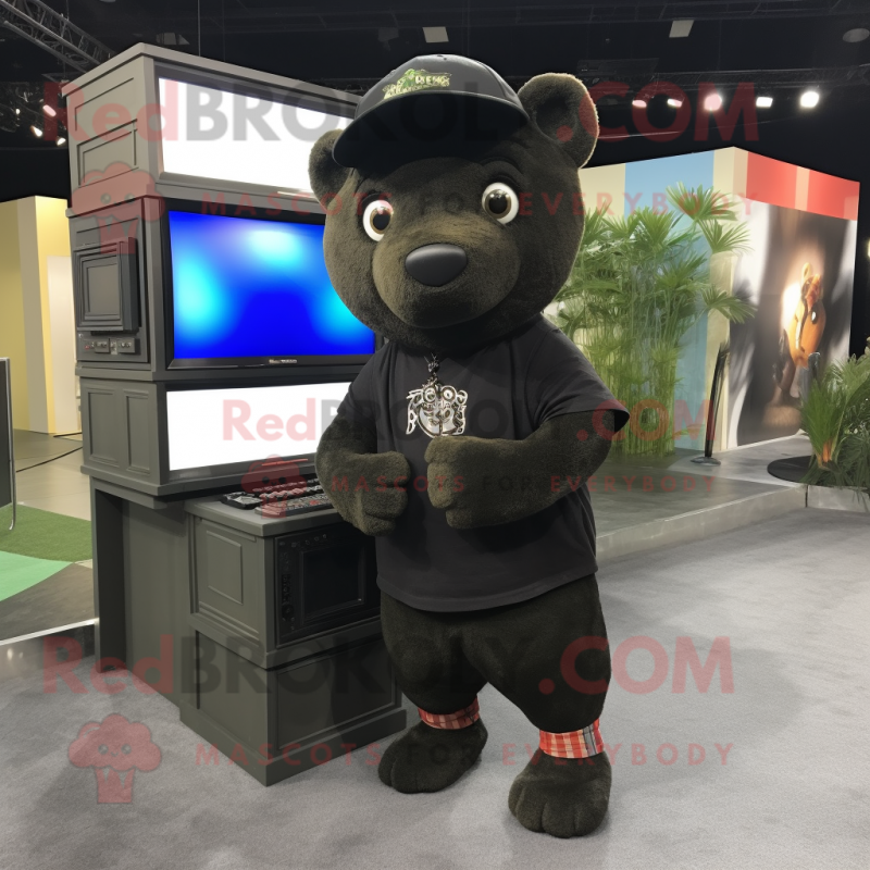 Black Television mascot costume character dressed with a Cargo Shorts and Beanies