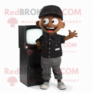 Black Television mascot costume character dressed with a Cargo Shorts and Beanies