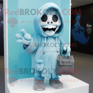 Sky Blue Graveyard mascot costume character dressed with a Hoodie and Clutch bags