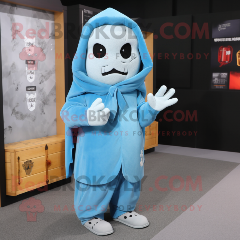 Sky Blue Graveyard mascot costume character dressed with a Hoodie and Clutch bags