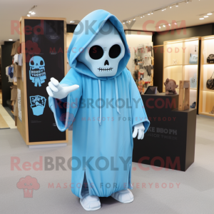 Sky Blue Graveyard mascot costume character dressed with a Hoodie and Clutch bags