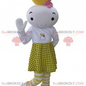 White and yellow snowman mascot dressed in a polka dot skirt -