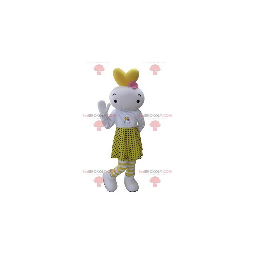 White and yellow snowman mascot dressed in a polka dot skirt -