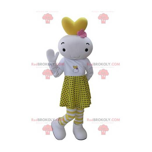 White and yellow snowman mascot dressed in a polka dot skirt -