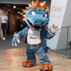 Rust Stegosaurus mascot costume character dressed with a Boyfriend Jeans and Rings