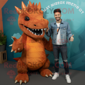Rust Stegosaurus mascot costume character dressed with a Boyfriend Jeans and Rings