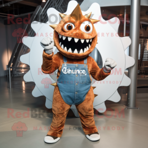 Rust Stegosaurus mascot costume character dressed with a Boyfriend Jeans and Rings