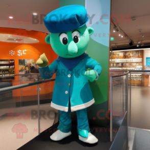 Turquoise Irish Flag mascot costume character dressed with a Jeggings and Berets
