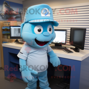 Sky Blue Computer mascot costume character dressed with a Bermuda Shorts and Caps