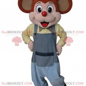 Orange and pink mouse mascot dressed in gray overalls -