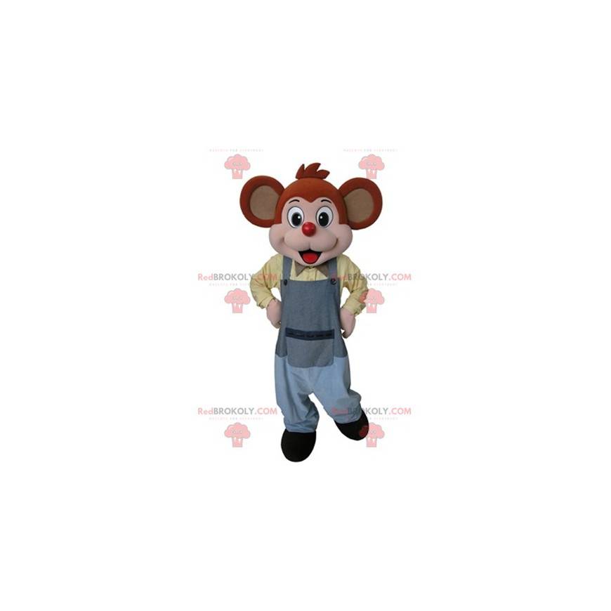 Mascota del ratón naranja y rosa vestida con un mono gris -
