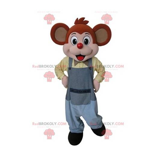 Mascota del ratón naranja y rosa vestida con un mono gris -