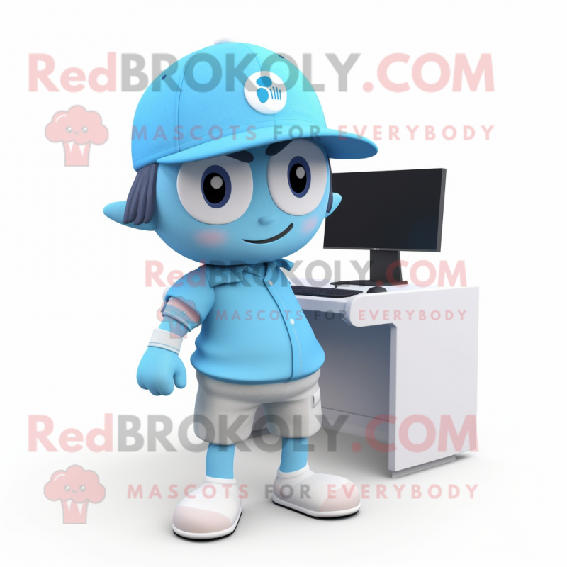 Sky Blue Computer mascot costume character dressed with a Bermuda Shorts and Caps