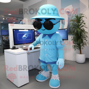 Sky Blue Computer mascot costume character dressed with a Bermuda Shorts and Caps