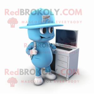 Sky Blue Computer mascot costume character dressed with a Bermuda Shorts and Caps