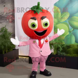 Pink Tomato mascot costume character dressed with a Blazer and Gloves