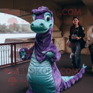 Purple Loch Ness Monster mascot costume character dressed with a Blouse and Rings