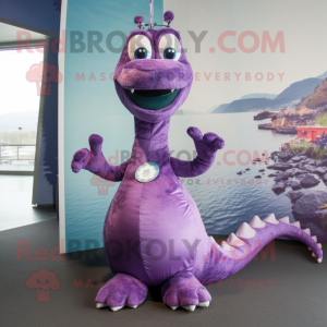 Purple Loch Ness Monster mascot costume character dressed with a Blouse and Rings