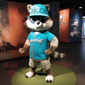 Turquoise Raccoon mascot costume character dressed with a Baseball Tee and Bracelets
