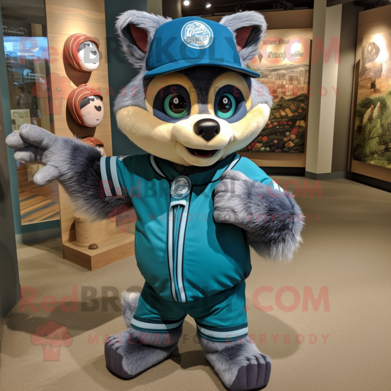 Turquoise Raccoon mascot costume character dressed with a Baseball Tee and Bracelets