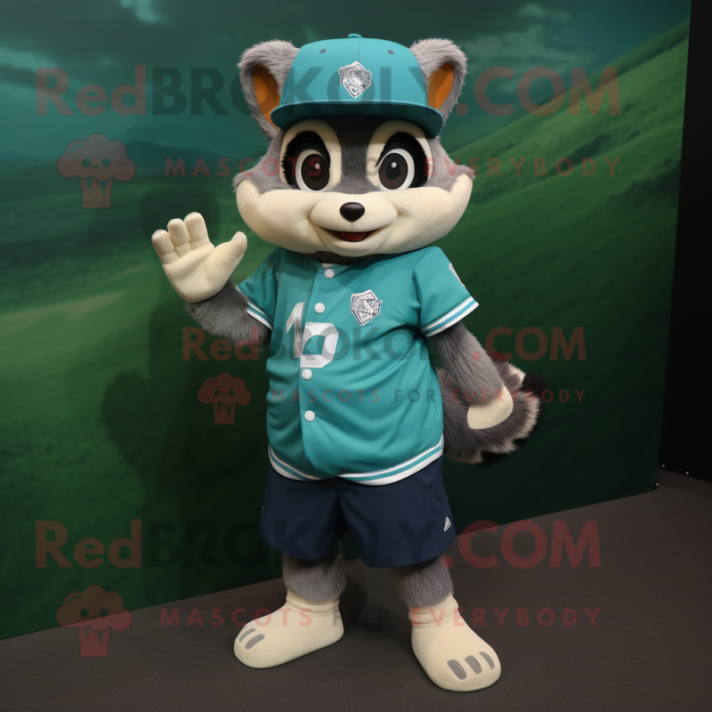 Turquoise Raccoon mascot costume character dressed with a Baseball Tee and Bracelets