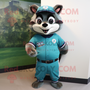 Turquoise Raccoon mascot costume character dressed with a Baseball Tee and Bracelets