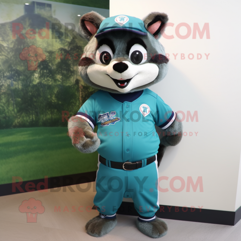 Turquoise Raccoon mascot costume character dressed with a Baseball Tee and Bracelets