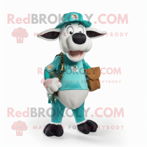 Teal Holstein Cow mascot costume character dressed with a Bermuda Shorts and Belts