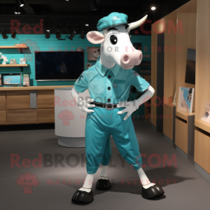 Teal Holstein Cow mascot costume character dressed with a Bermuda Shorts and Belts