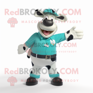 Teal Holstein Cow mascot costume character dressed with a Bermuda Shorts and Belts