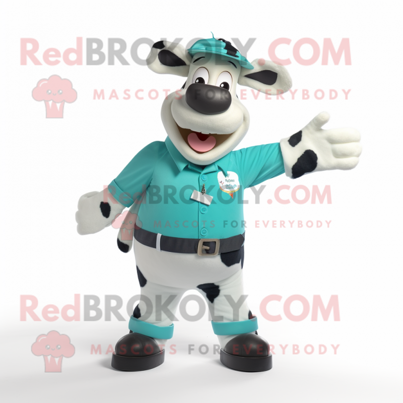 Teal Holstein Cow mascot costume character dressed with a Bermuda Shorts and Belts