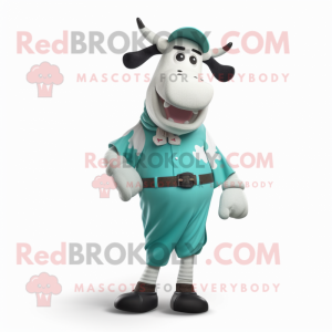 Teal Holstein Cow mascot costume character dressed with a Bermuda Shorts and Belts