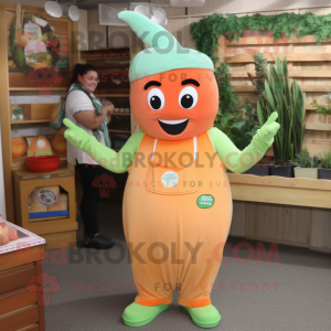 Peach Celery mascot costume character dressed with a Overalls and Necklaces