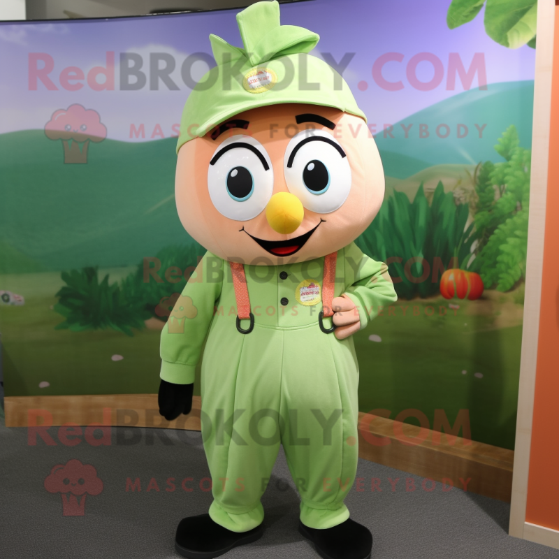 Peach Celery mascot costume character dressed with a Overalls and Necklaces Peach Celery mascot costume character dressed with a Overalls and Necklaces