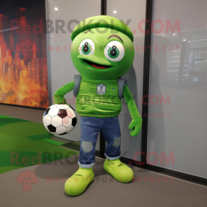 Green Soccer Goal mascot costume character dressed with a Bootcut Jeans and Backpacks