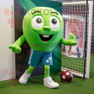 Green Soccer Goal mascot costume character dressed with a Bootcut Jeans and Backpacks