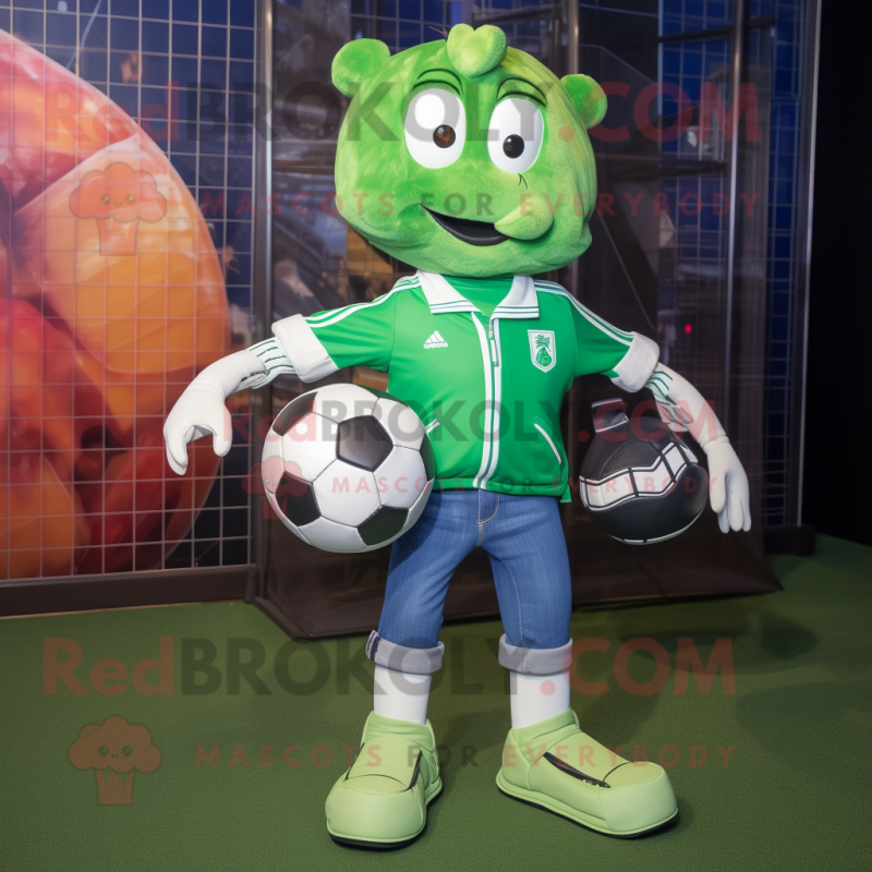 Green Soccer Goal mascot costume character dressed with a Bootcut Jeans and Backpacks