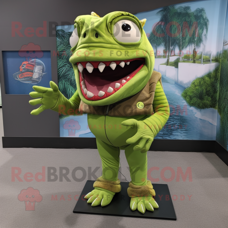 Lime Green Piranha mascot costume character dressed with a Turtleneck and Shoe laces