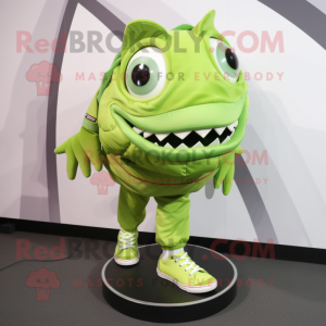 Lime Green Piranha mascot costume character dressed with a Turtleneck and Shoe laces