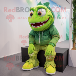 Lime Green Piranha mascot costume character dressed with a Turtleneck and Shoe laces