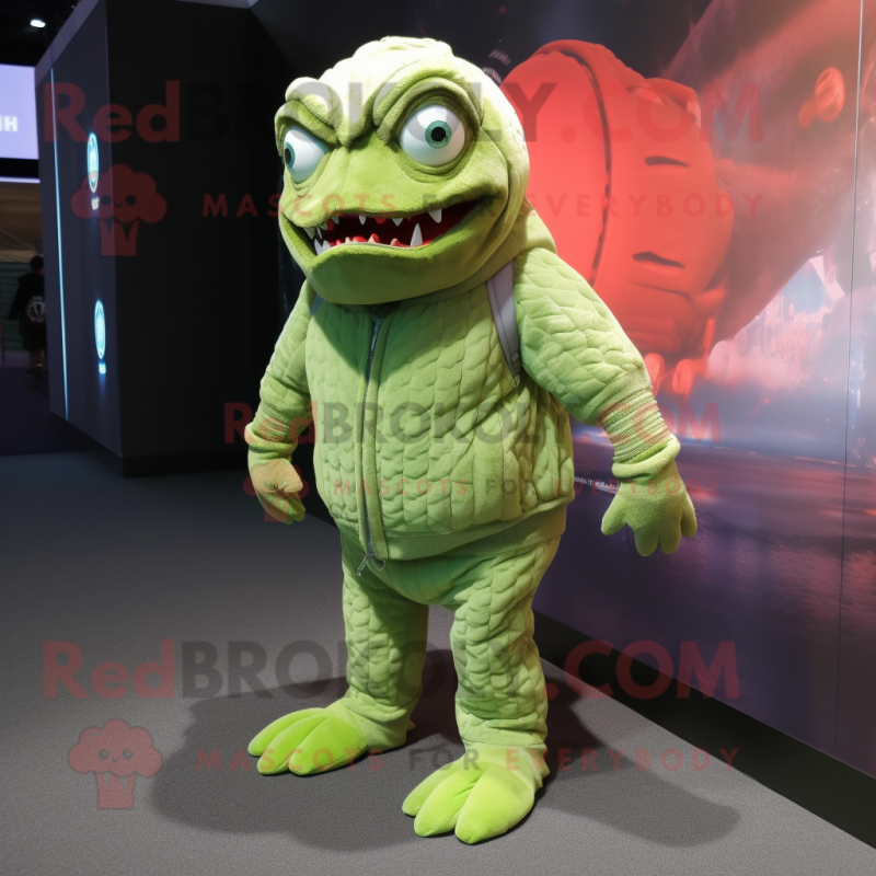 Lime Green Piranha mascot costume character dressed with a Turtleneck and Shoe laces Lime Green Piranha mascot costume character dressed with a Turtleneck and Shoe laces