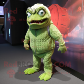 Lime Green Piranha mascot costume character dressed with a Turtleneck and Shoe laces