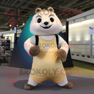 Cream Marmot mascot costume character dressed with a Yoga Pants and Ties