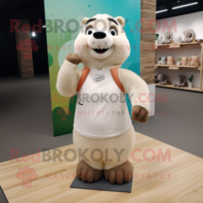 Cream Marmot mascot costume character dressed with a Yoga Pants and Ties