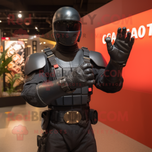 Black Gi Joe mascot costume character dressed with a Bodysuit and Gloves
