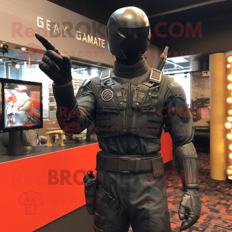 Black Gi Joe mascot costume character dressed with a Bodysuit and Gloves Black Gi Joe mascot costume character dressed with a Bodysuit and Gloves