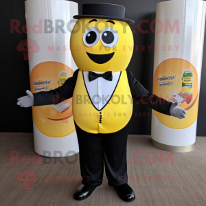 Yellow Soda Can mascot costume character dressed with a Tuxedo and Tie pins