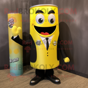 Yellow Soda Can mascot costume character dressed with a Tuxedo and Tie pins